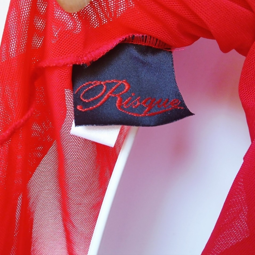 RISQUE Sexy Red Lingerie Nightie Sheer Flowy Skirt Satin Waist Tie & Hem OS - Picture 4 of 5